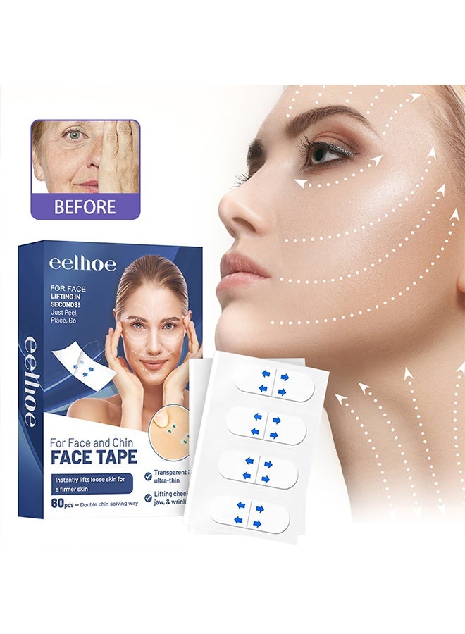 إيلهو شريط للوجه، شرائط مرنة جدًا مضادة للتجاعيد، شرائط رفع الوجه غير مرئية لشد الذقن المزدوج والتجاعيد الوجهية، رقع رفع للرقبة والعين بشكل حرف V مقاومة للماء، 60 قطعة - Image 1